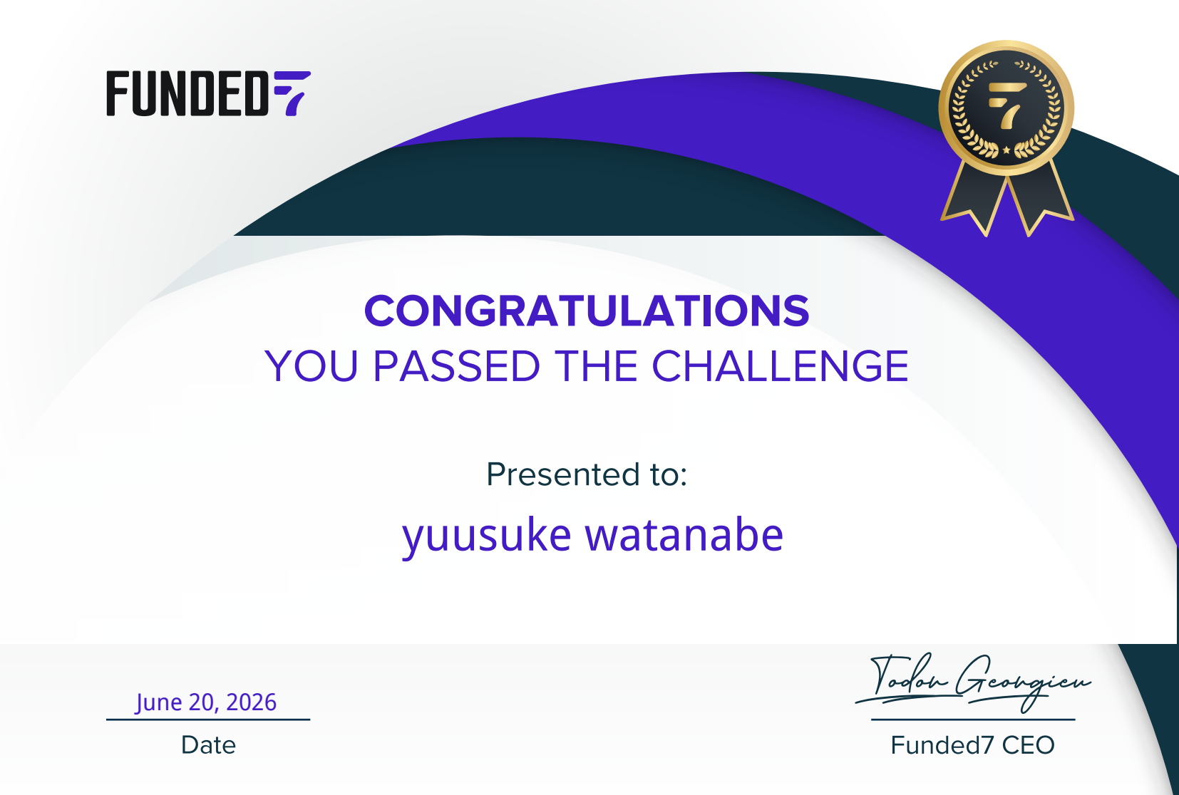 Funded7 チャレンジ合格証明